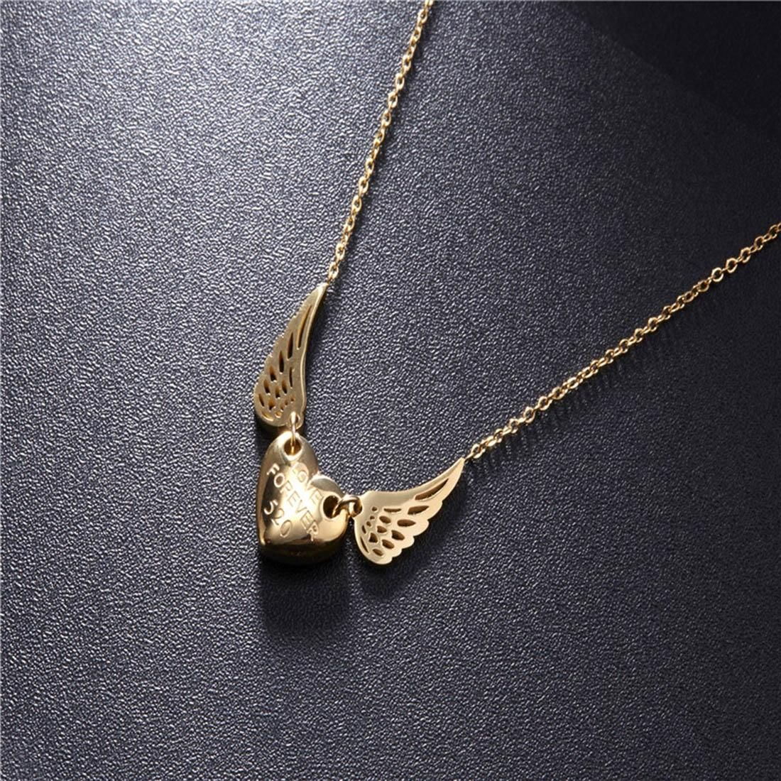 Women Fashion Jewelry Titanium Steel Angel Wing Heart Letter Print Pendant Chain Necklace, Chain Length: 45cm (Rose Gold)