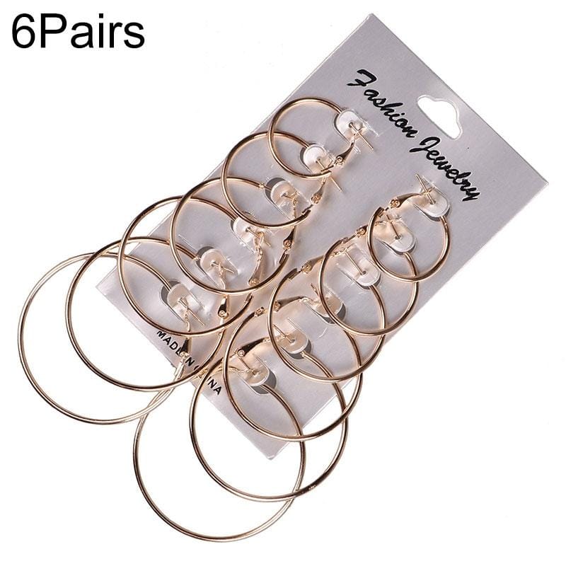 6 Pairs/Set Women Steampunk Fashion Circle Hoop Earrings (Glod)