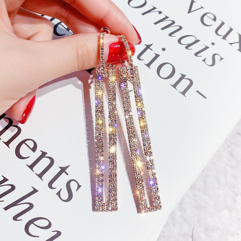 Fashion Long Geometric Drop Earrings Luxury Gold Silver Color Rectangle Rhinestone Earring (Silver)