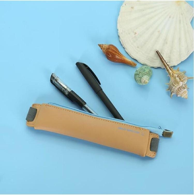 2 PCS Business PU Pencil Case Simple Office Elastic Buckle Student Book Mini Pencil Box (Khaki)