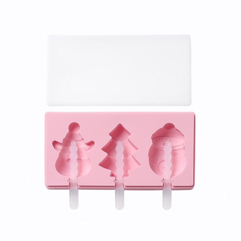 3 PCS Homemade Handmade DIY Cartoon Fruit with Lid Silicone Ice Cream Mold Making Ice Tray, Style:Snowman Reindeer (Pink)
