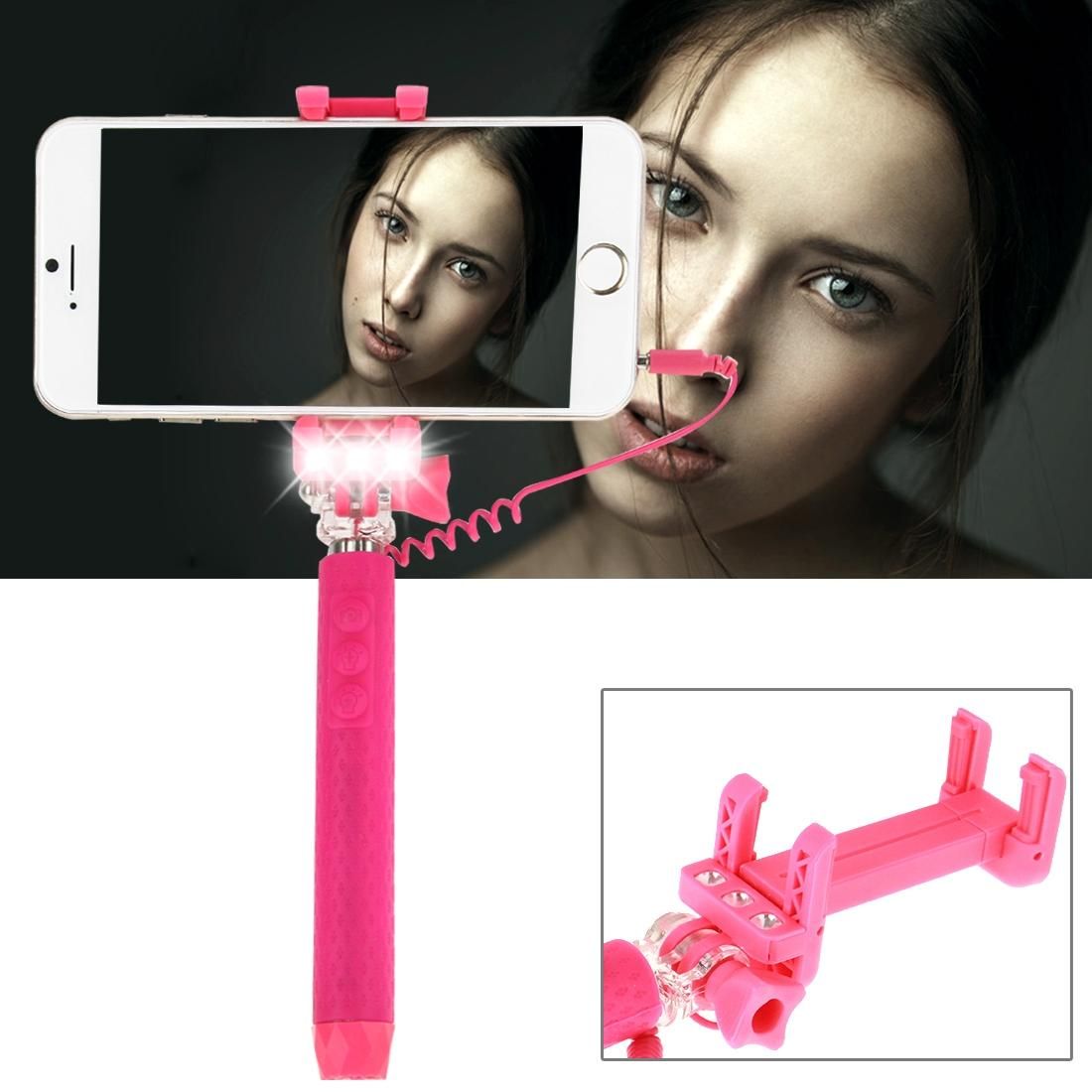Portable Wire Controlled Monopod Folding Extendable Handheld Pocket Holder Selfie Stick with Sync LED Flash Light  for iOS & Android Phone, Folded Length: 13.5cm, Max Extension Length: 70.0cm (Magenta)