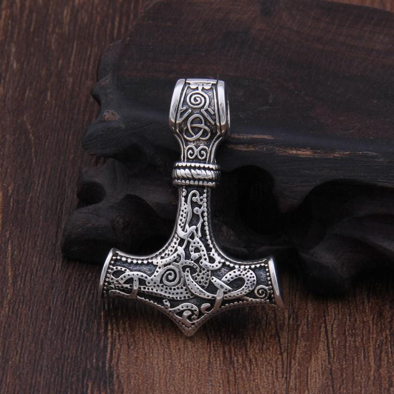 Mjolnir Pendant Viking Protective Talisman Hammer Necklace (Gun Black Leather Cord)