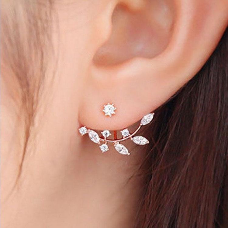 Leaf Crystals Stud Earring For Women (Gold)