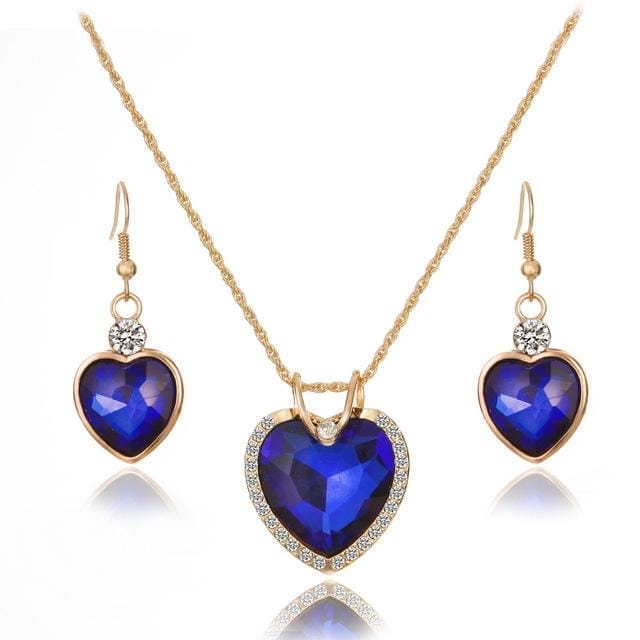 Elegant Heart Shaped Crystal Zirconia Necklace Earrings Jewelry Set for Women (Blue)