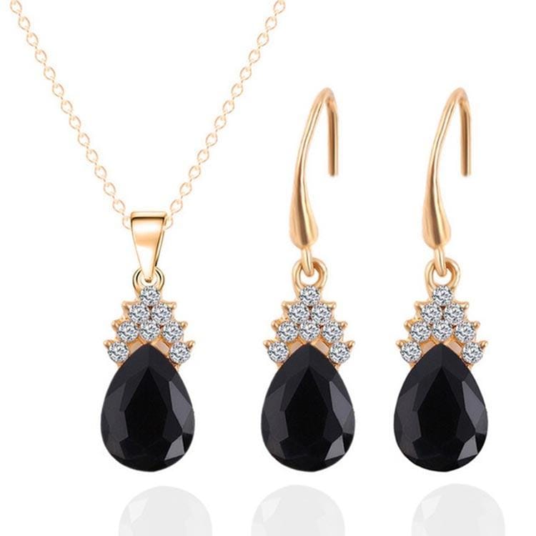 Fashion Diamond Ladies Crystal Zircon Drop Necklace Earring Set (Black)