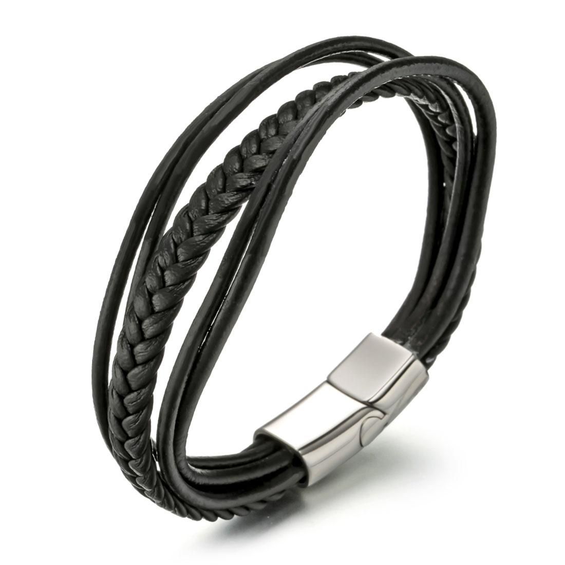 Fashion Jewelry Men Single Loop Multi-layer Black Genuine Leather Bracelet Classic Titanium Steel Bracelet