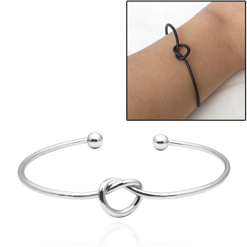 Bohemian Knotted Opening Minimalist Bracelet Bangle for Women (Silver)