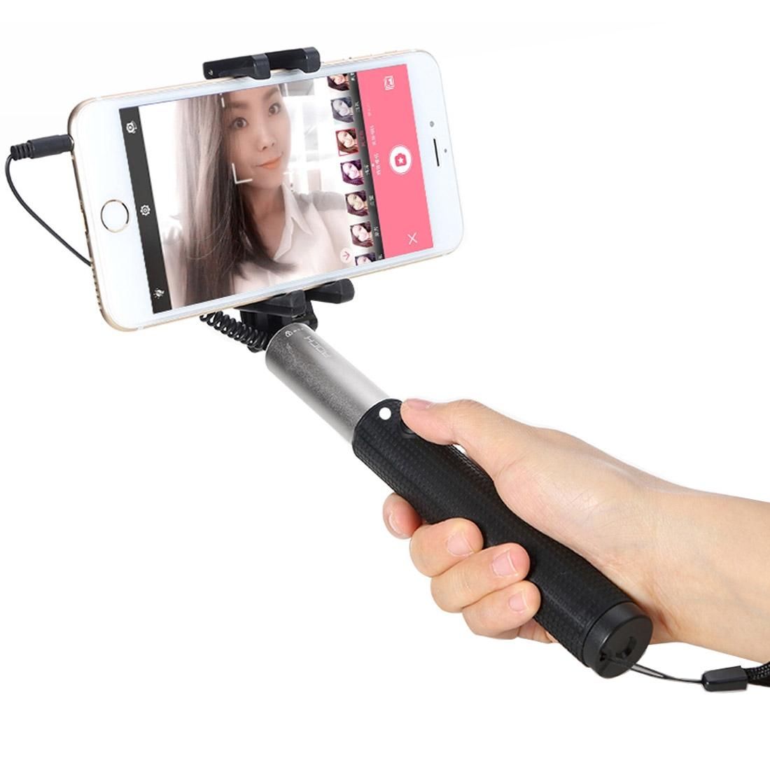 ROCK Portable Wire Control Selfie Stick Monopod Folding Extendable Handheld Holder for iOS & Android Phone, Folded Length: 21cm, Max Extension Length: 75cm (Grey)