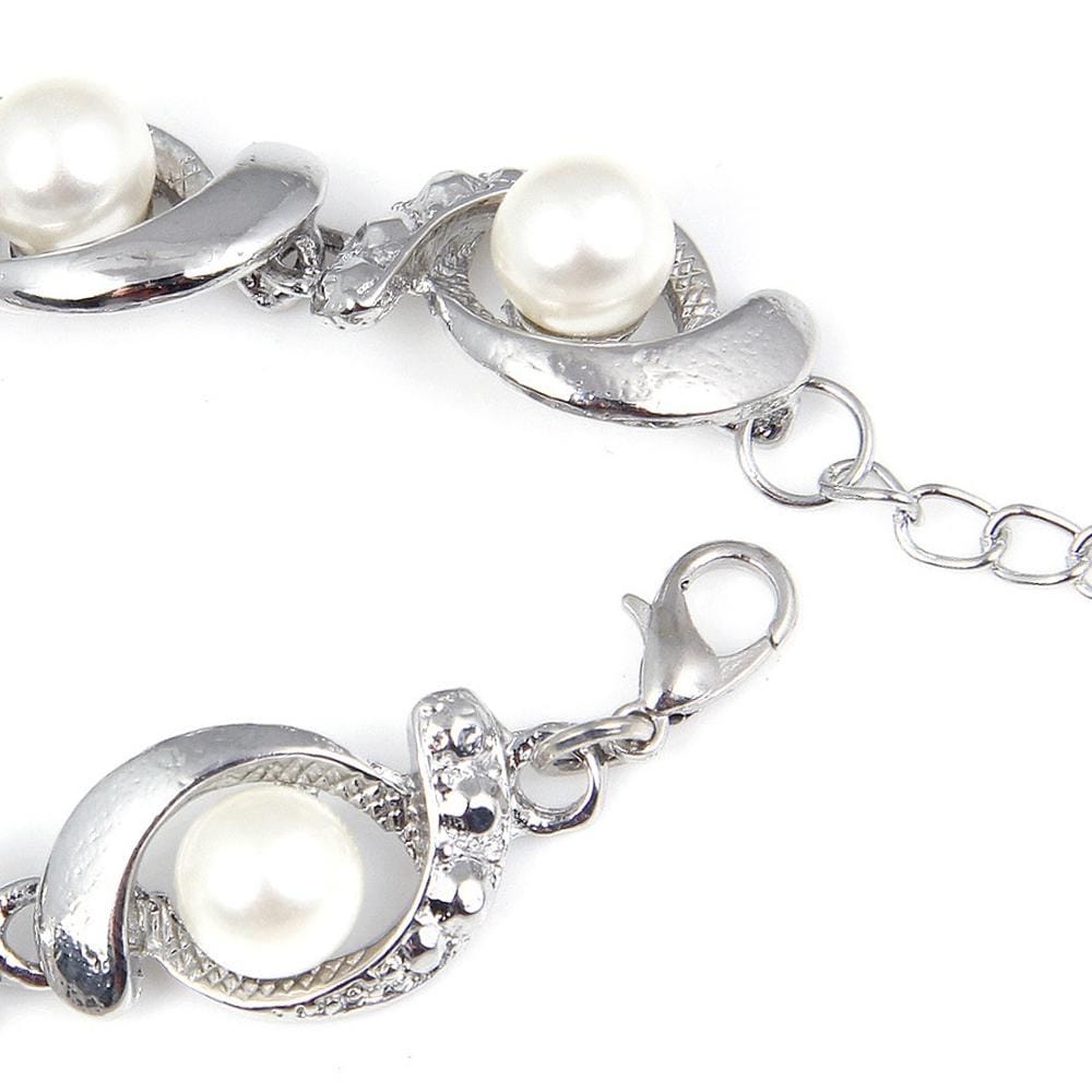 Women Fashion Trendy Pearl Chain Crystal Bracelet (Silver)