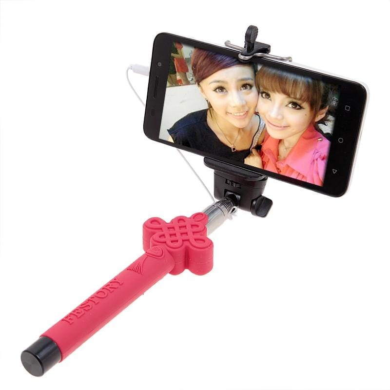KX-M02 3D Chinese Knot Pattern Wire Controlled Selfie Stick Monopod Extendable Handheld Holder for Camera / Cellphone, Max Length: 90cm (Red)