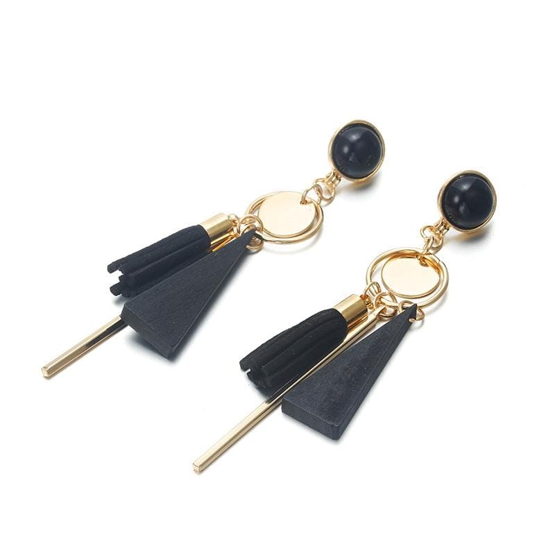 Fashion triangle geometric wood earrings Retro female tassel long women earrings Jewelry (Black)