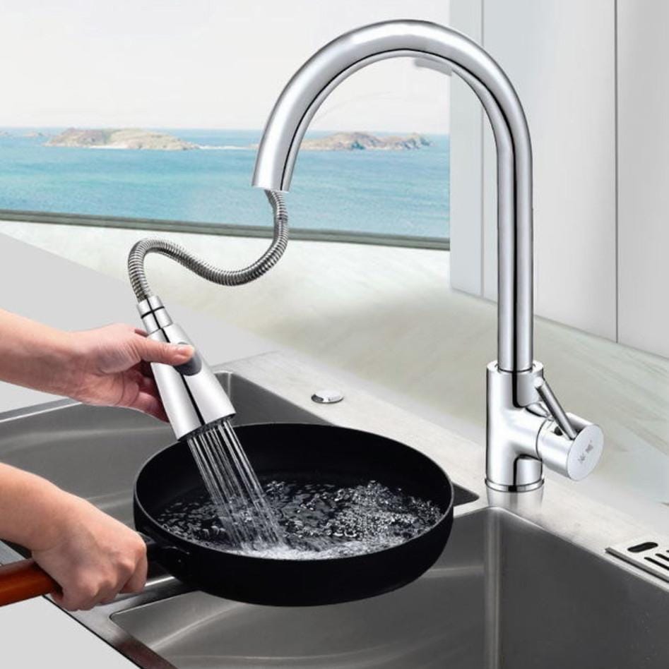 Kitchen Pull-out Faucet Hot And Cold Home 304 Stainless Steel Retractable Rotating Faucet, Style:Electroplated Copper