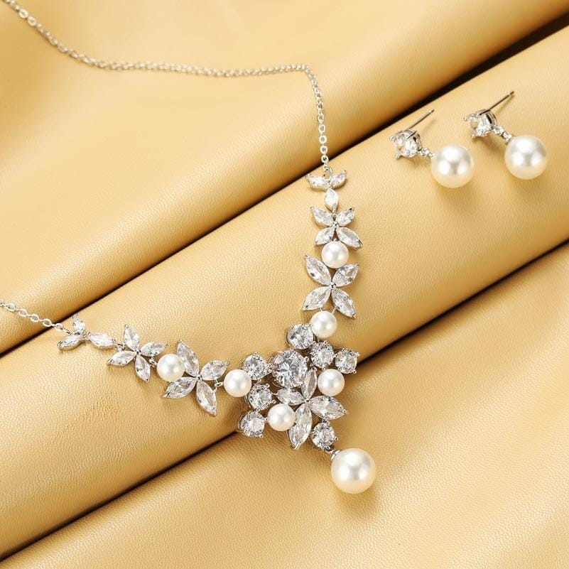 Elegant Simple Bridal Wedding Earrings Zircon Necklace Set (TL64)