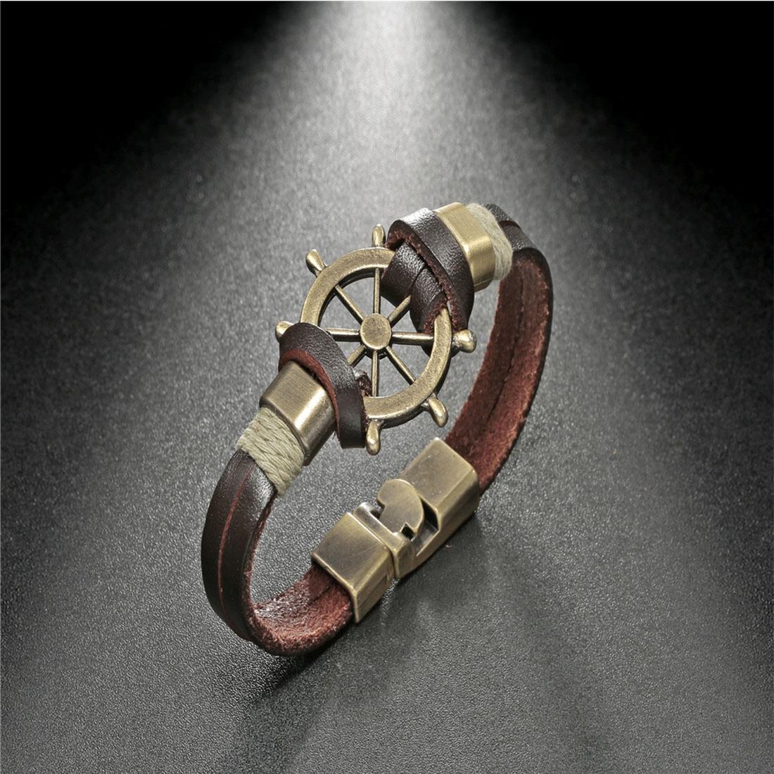 Fashion Men Jewelry Retro Punk Anchor Leather Bracelet Classic Copper-colored Helm Genuine Leather Bracelet