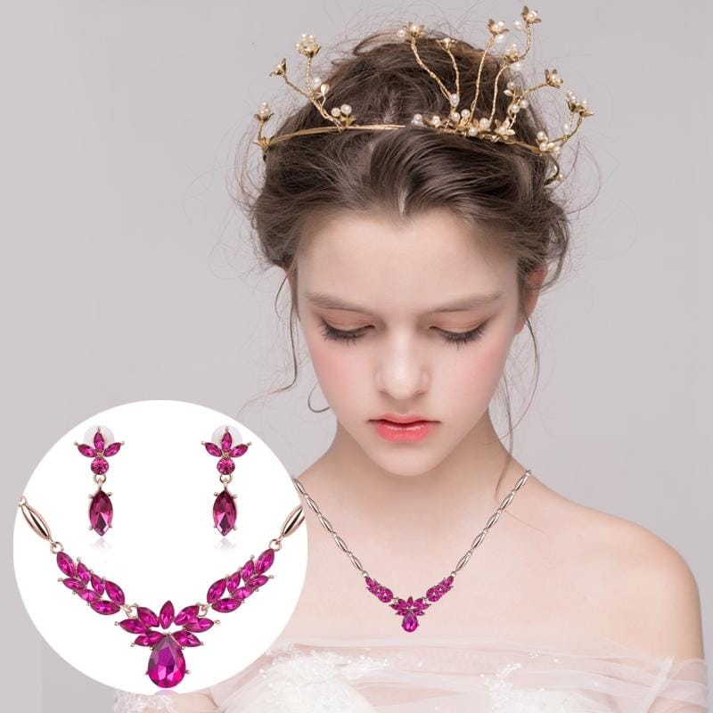 Ladies Innovative Novel Fashion Wreath Diamond-shape Necklace Earrings Jewelry Set (Rose Red)