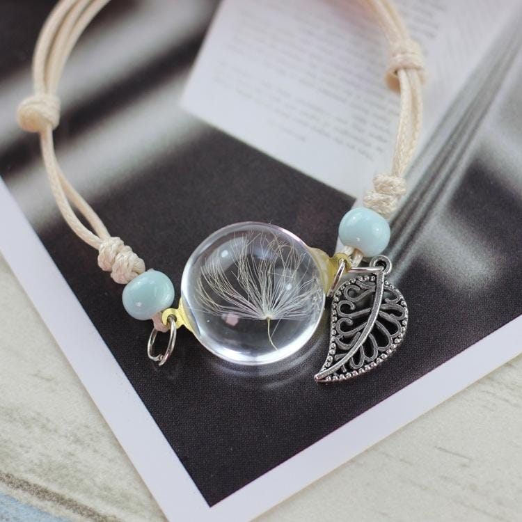 3 PCS Glass Bracelet Weave Lucky Flower Bracelets Handmade Dandelion Woven Dried Flowers Glass Beads Bracelet (Blue)