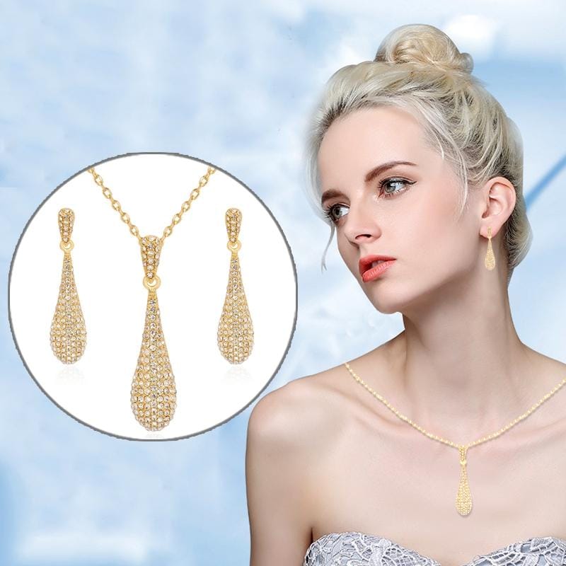 3 in 1 PCS Women Simple Alloy Full Rhinestone Drop Long Pendant Necklace Earrings Jewelry Set (Gold)