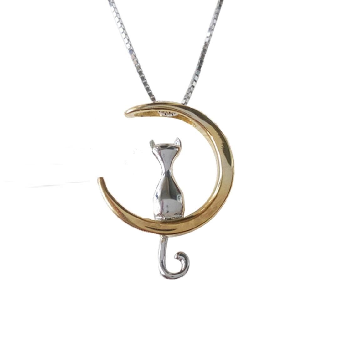 Women Fashion Cat Moon Pendant Necklace (Silver)