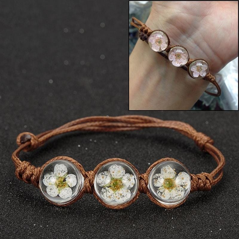 Lucky Handmade Woven Dried Flower Glass Beads Bracelets (White)