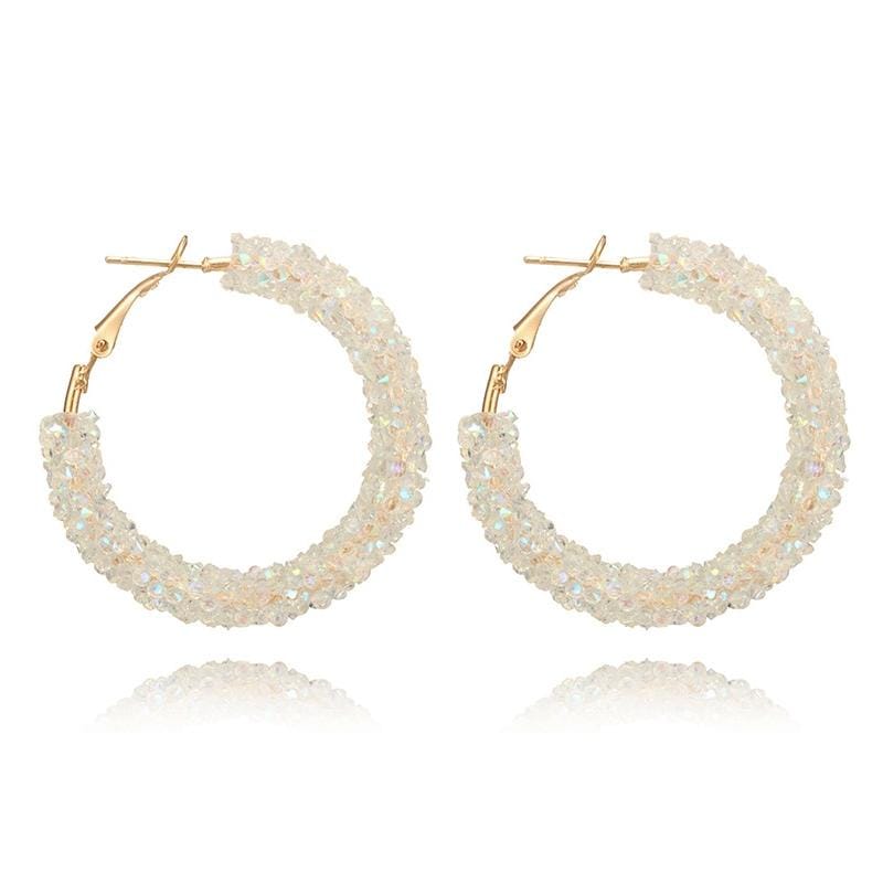 Women Crystal Hoop Earrings Geometric Round Shiny Rhinestone Big Earring Jewelry (White)