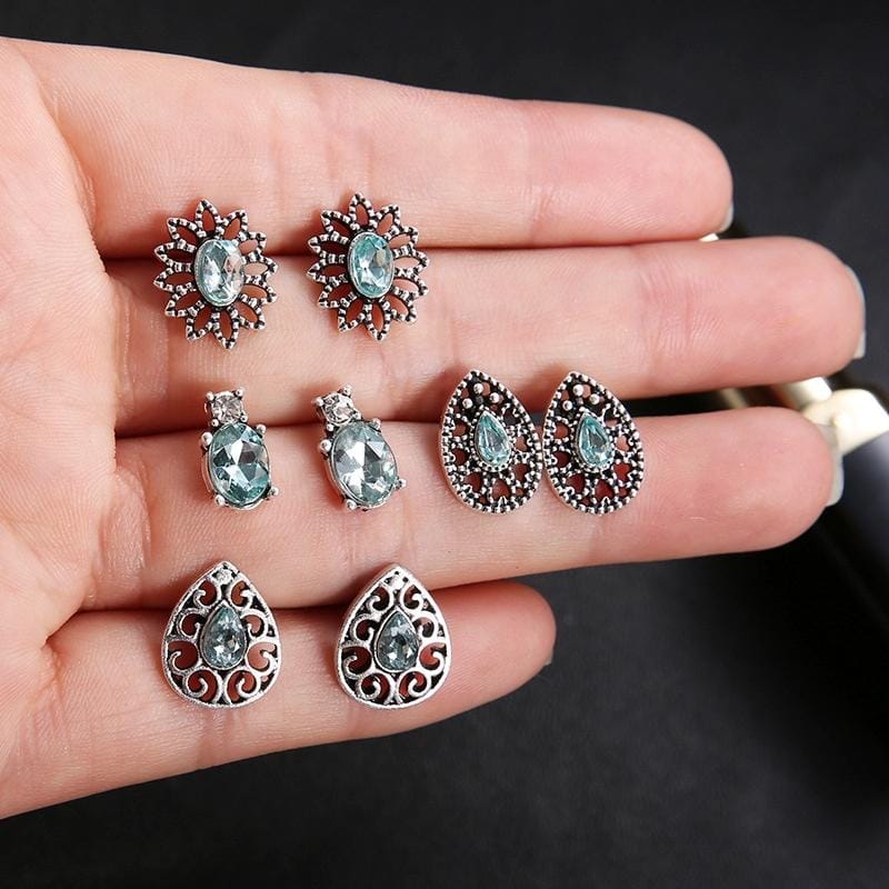 4 Pairs Boho Style Sparkling Jewelry Sapphire-shape Earring Stud Set (Silver)