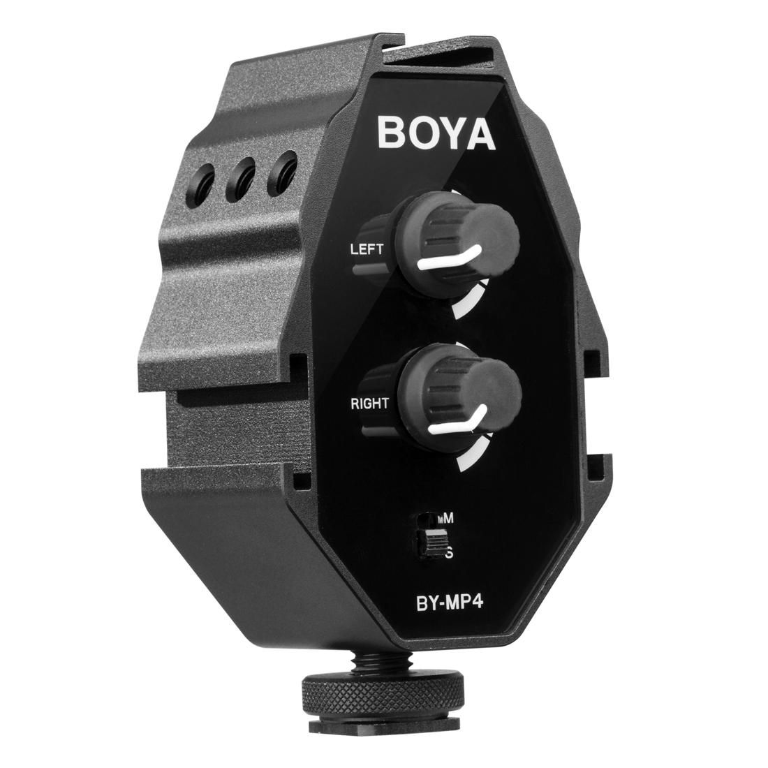 BOYA BY-MP4 2-channel Audio Adapter with Mono & Stereo Switch Dual Mic Mounting for DSLR Cameras, Camcorders, Smartphones (Black)