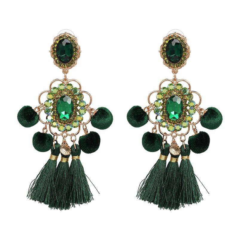 Drop Hairball Earring Handmade Tassel Big Earring Fringed earrings (Green)