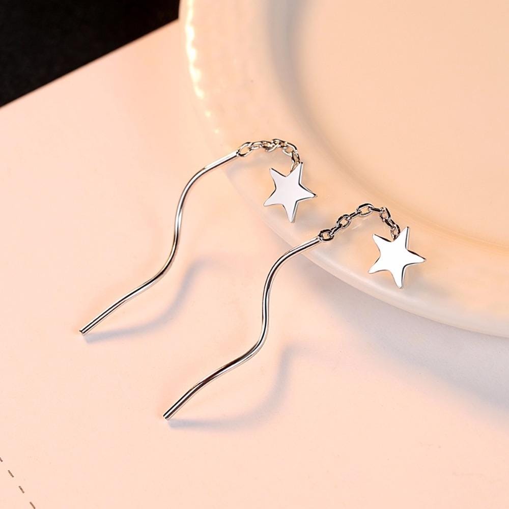Women Pentagram Star Earrings 925 Sterling Silver Star Stud Dangle Chain Earrings (White)
