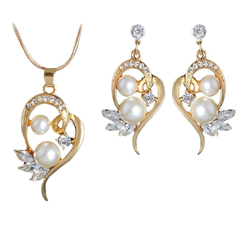 Fashion Cute Flower Simulated Pearl Crystal Wedding Jewelry Sets for Women (Gold)