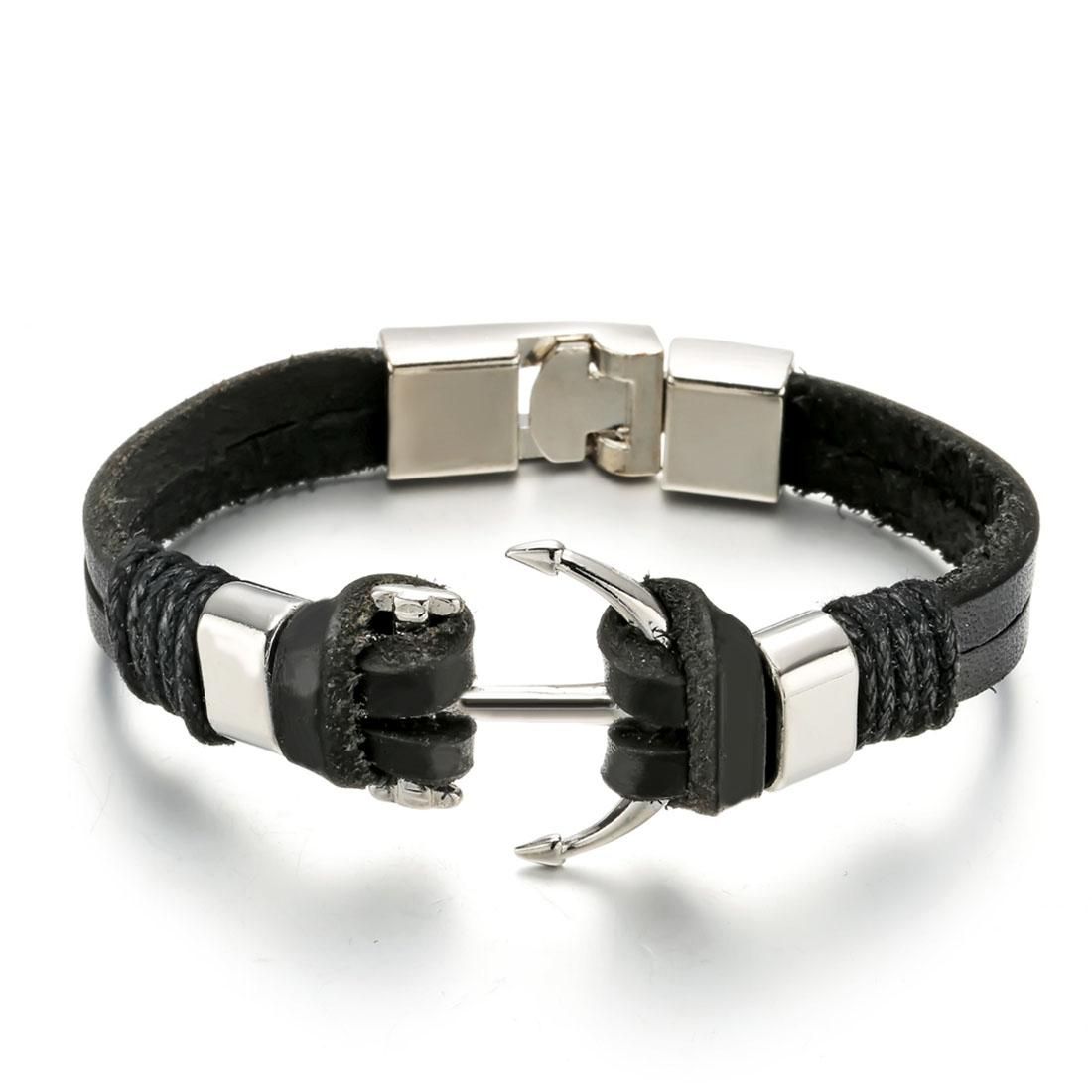 Fashion Men Jewelry Personality Double Layers Leather Hand Chain Classic Anchor Head Shape Genuine Leather Bracelet (Black)