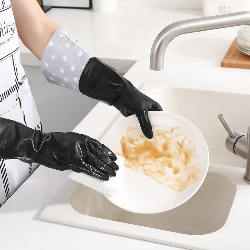 Housework Cleaning Long Tube Dot Waterproof Rubber Gloves, Size:S (Black)