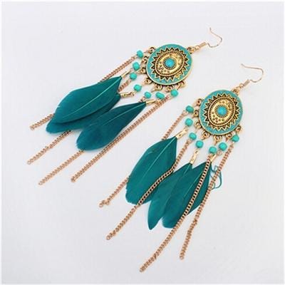 Vintage Ethnic Style Feather Chain Tassel Earrings jewelry (Blue)