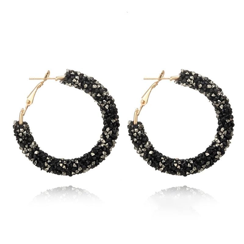 Women Crystal Hoop Earrings Geometric Round Shiny Rhinestone Big Earring Jewelry (Black)