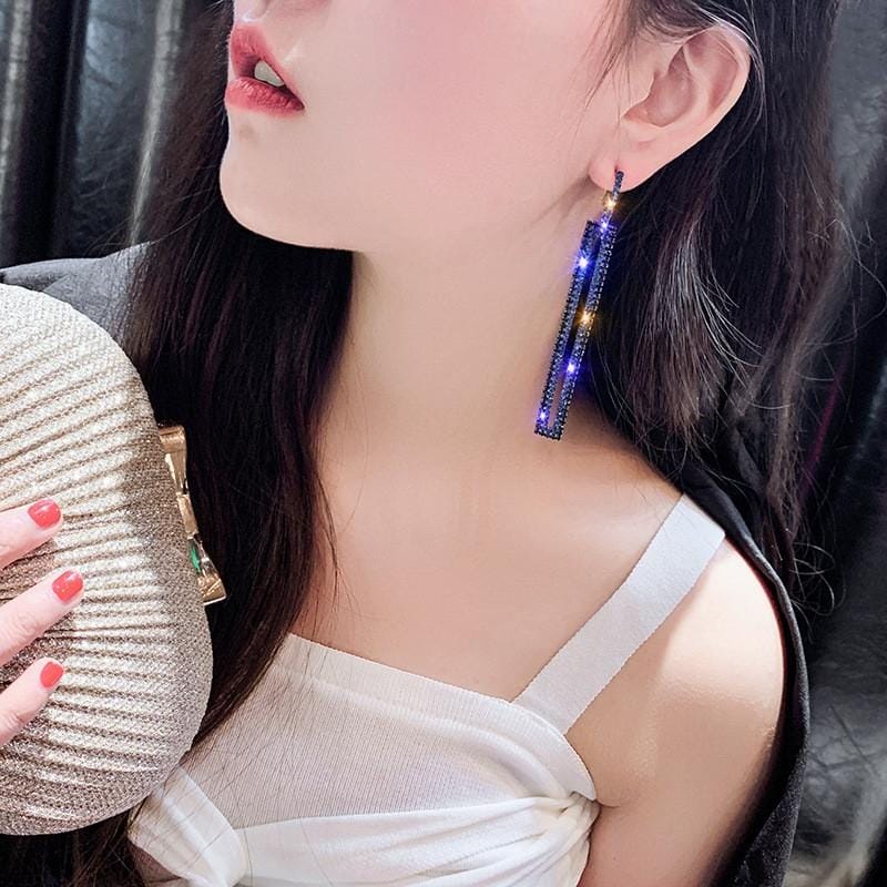 Fashion Long Geometric Drop Earrings Luxury Gold Silver Color Rectangle Rhinestone Earring (Blue)