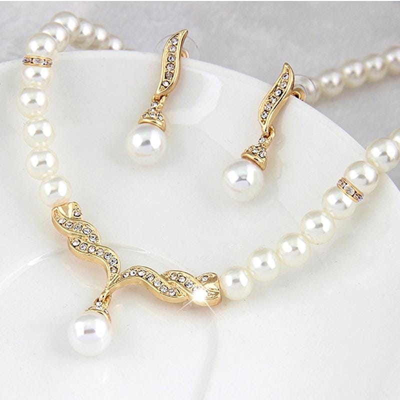 3 in 1 Bridal Accessories Lady Classic Fashion Bead Earring Necklace Jewelry Set (Gold)