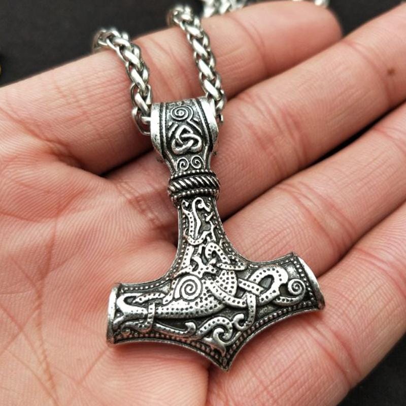 Mjolnir Pendant Viking Protective Talisman Hammer Necklace (Silver Pendant with Metal Chain)