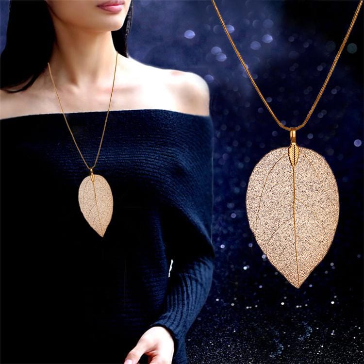 Natural Leaf Pendant Delicate Necklace Filigree Long Bohemian Unique Women Jewelry (Gold)