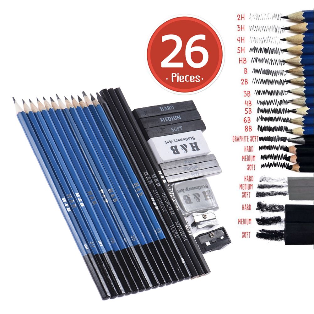 26pcs Professional Drawing Sketch Pencil Kit Set Including