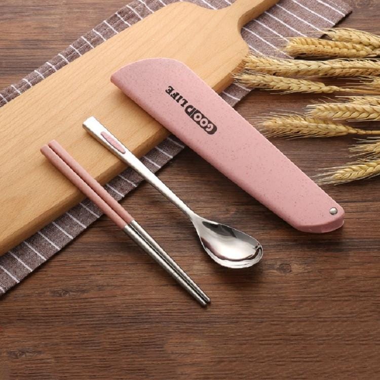 9 PCS / 3 Sets Stainless Steel Tableware Outdoor Portable Chopsticks Spoon Set (Pink)