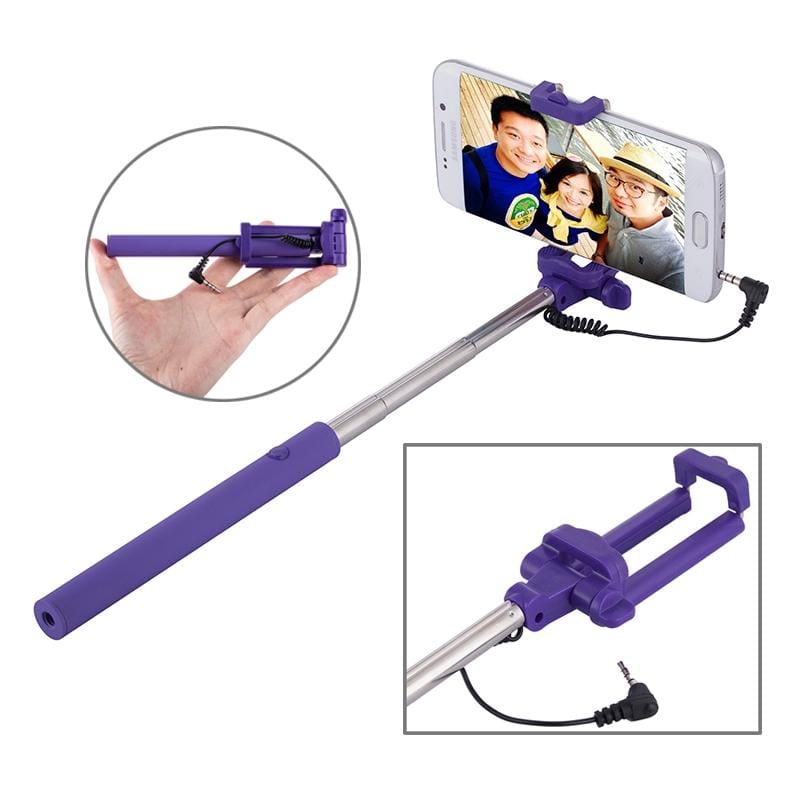 Wire Controlled Metal Selfie Stick Monopod Folding Extendable Plam Handheld Holder for iOS & Android Phone, Folded Length: 16.6cm, Max Extension Length: 63.7cm (Purple)