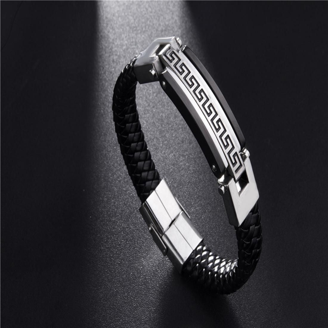 Mens Fashion Jewelry Punk Retro Titanium Steel Wristband Braided Leather Bracelet, Size: 21.5cm (Silver)