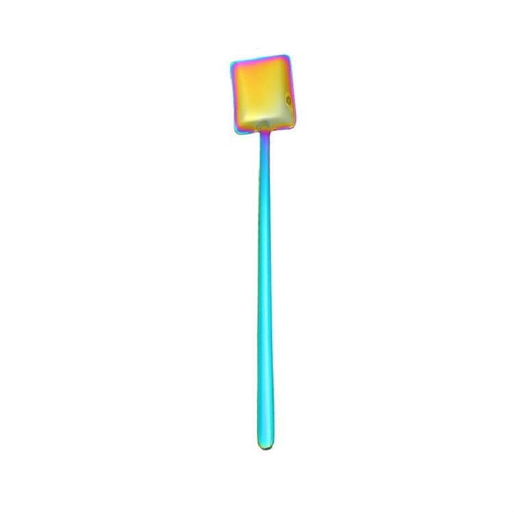 2 PCS Stainless Steel Spoon Creative Coffee Spoon Bar Ice Spoon Gold Plated Long Stirring Spoon, Style:Square Spoon, Color:Colorful
