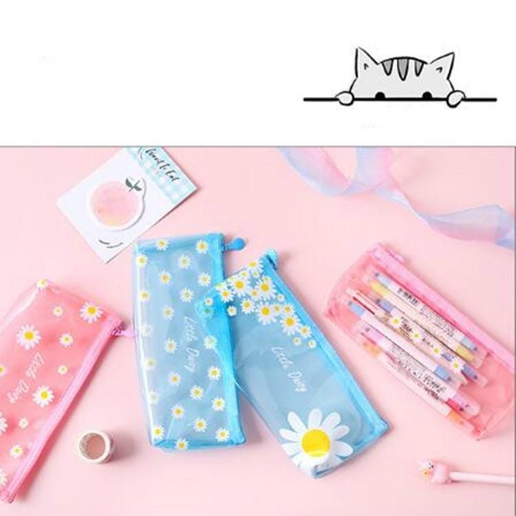 Girly Creative Small Fresh Flower Daisy Pencil Case Fashion Cute Student Stationery Bag (Pink Four Flowers)