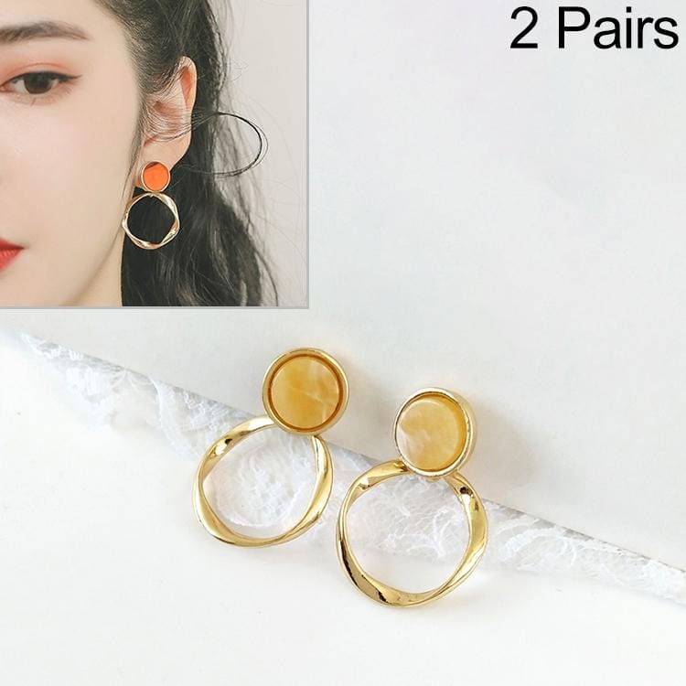 2 Pairs Twist Ring Resin Retro Metal Earrings for Women (Yellow)