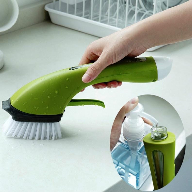 Long Handle Pot Brushes Automatically Add Dishwashing Detergent Tiles Water Spray Cleaning Brushes (Green)