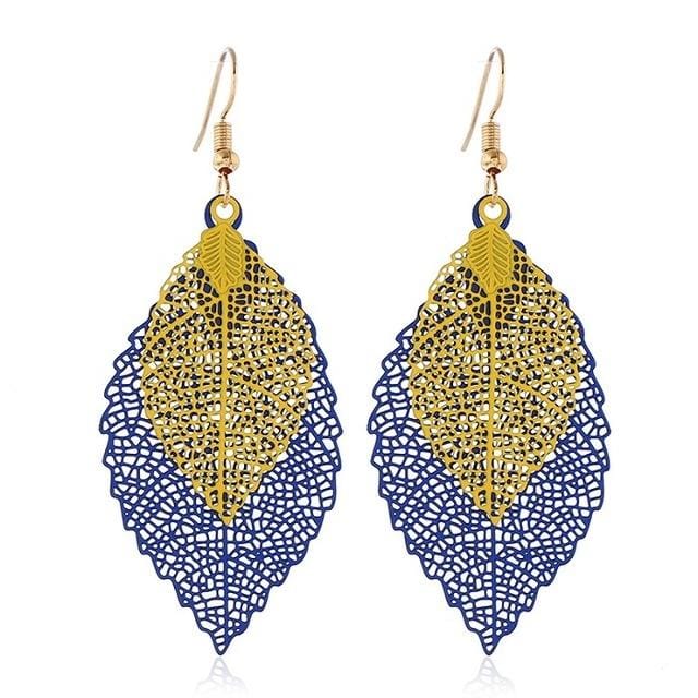 Double-layered Leaves Tassel Earrings Simple Retro Metal Leaf-ears Ornaments (Royalblue Yellow)