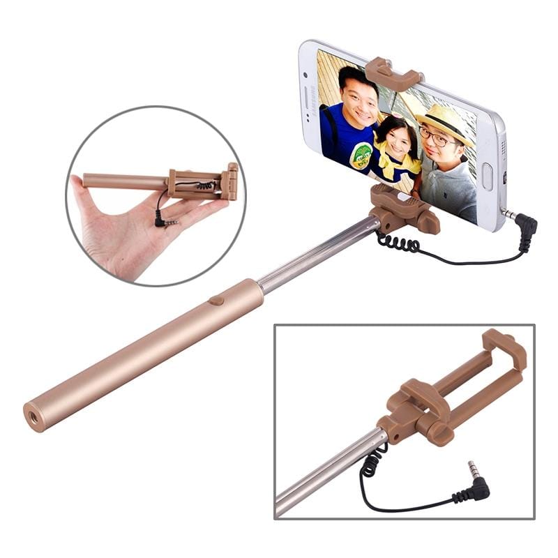 Wire Controlled Metal Selfie Stick Monopod Folding Extendable Plam Handheld Holder for iOS & Android Phone, Folded Length: 16.6cm, Max Extension Length: 63.7cm (Gold)