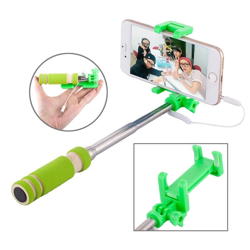 Mini Wire Controlled Selfie Stick Monopod Folding Extendable Pocket Handheld Holder for iOS & Android Phone, Folded Length: 13.5cm, Max Extension Length: 48.0cm (Green)