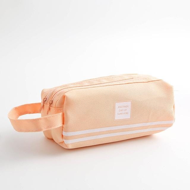 2 PCS Hand-Held Large Capacity Pen Bag Pure Color Double Zipper Pen Bag (Pink)